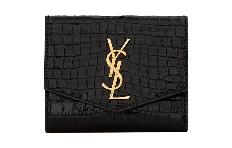 SAINT LAURENT UPTOWN Crocodile Pattern Cow Leather Wallet Trumpets Women's Black