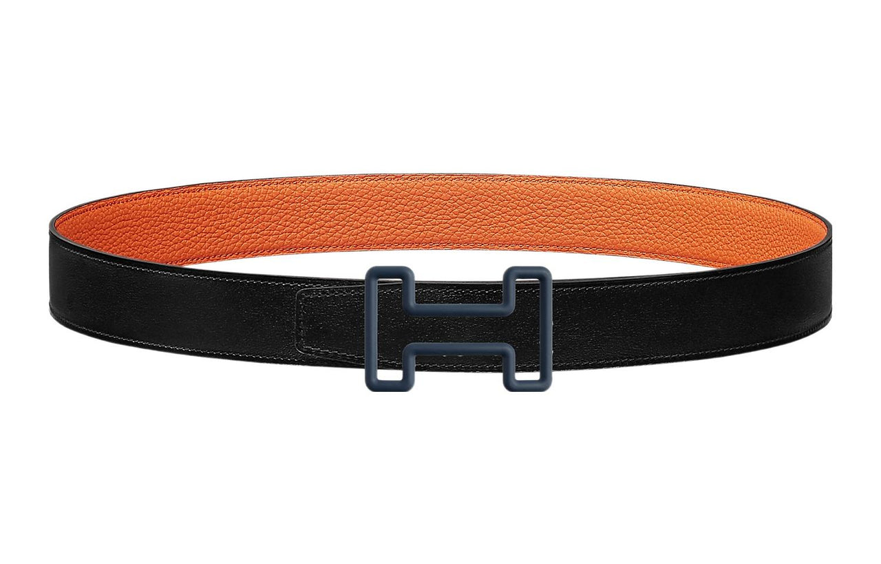 HERMES H-Line Double-Sided Indigo Button Togo Calfskin Double-Sided Leather Waist Men's Black Width: 3.2cm