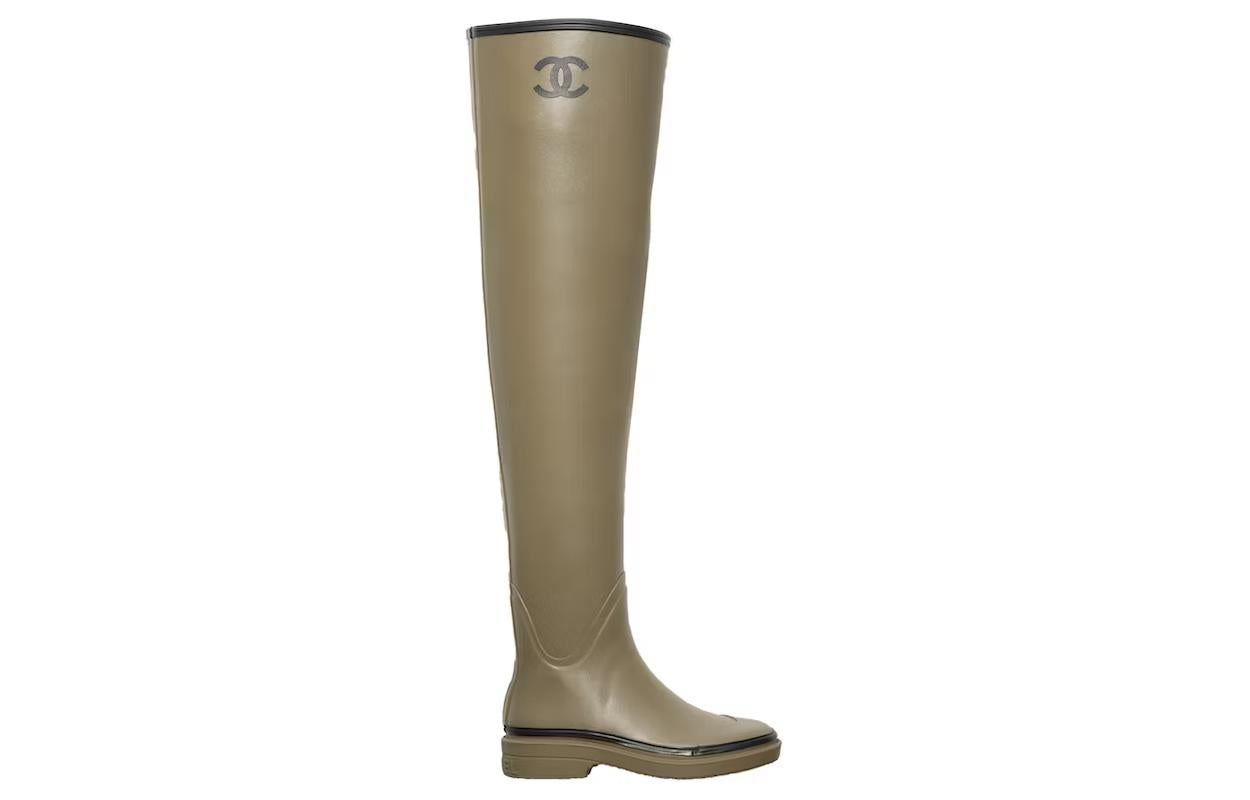 CHANEL Thigh High Rubber Rain Boots Dark Beige Women's