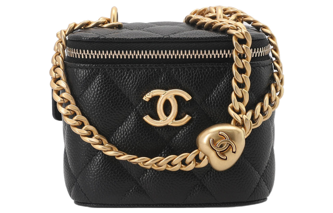 CHANEL Cow Leather Heart Gold Ball Box Bag Square Box Crossbody Bag Small Size Women's Black