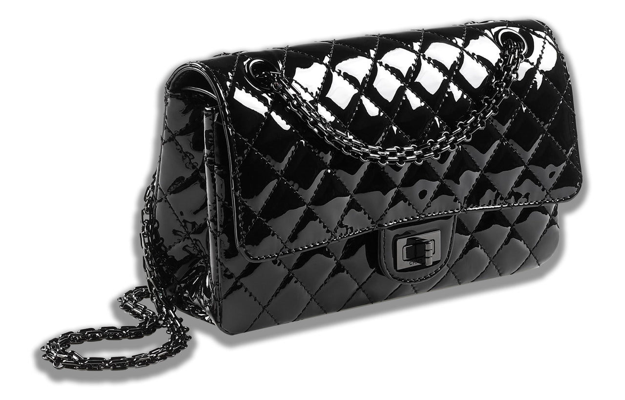 CHANEL 2.55 Calf Patent Leather & Metal Shoulder Bag, Crossbody Bag Women's Black