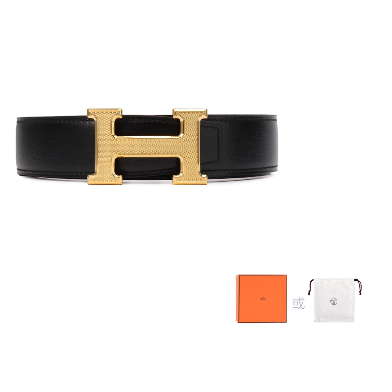 HERMES Cow Leather Belt Unisex Brown/Black Width: 3.2cm