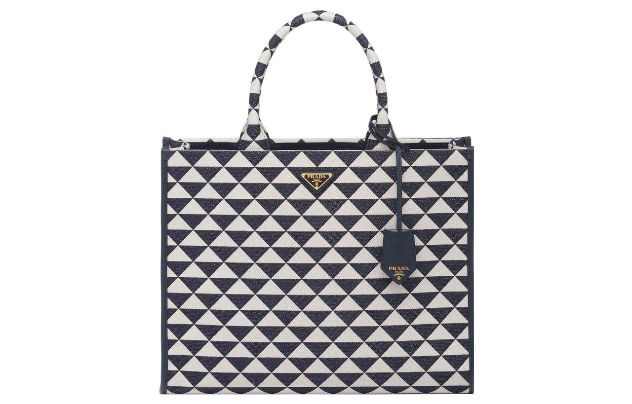 PRADA Large Symbole Embroidered Fabric Handbag Baltic Blue/Chalk White