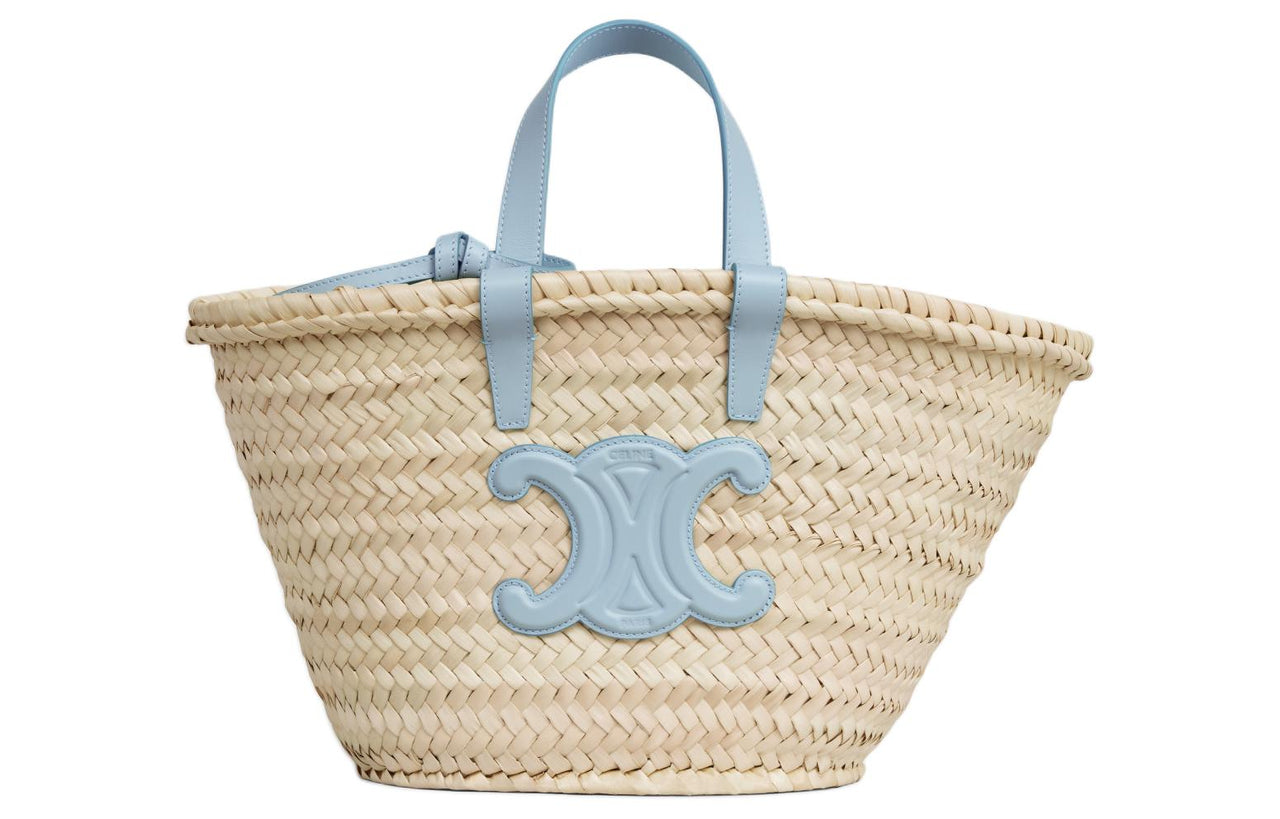 CELINE TEEN BUCKET Palm Leaf With Cow Leather Binding Tote Bag, Shopping Bag, Basket, Handbag Women's Light Blue