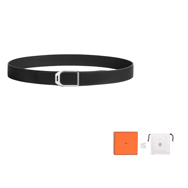 HERMES Calfskin Leather Belts Men's Black Width: 3.2cm
