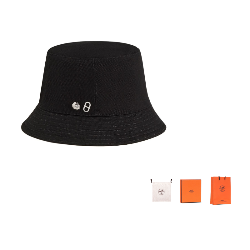 HERMES Cotton Silk Metal Bucket Hats Women's Black