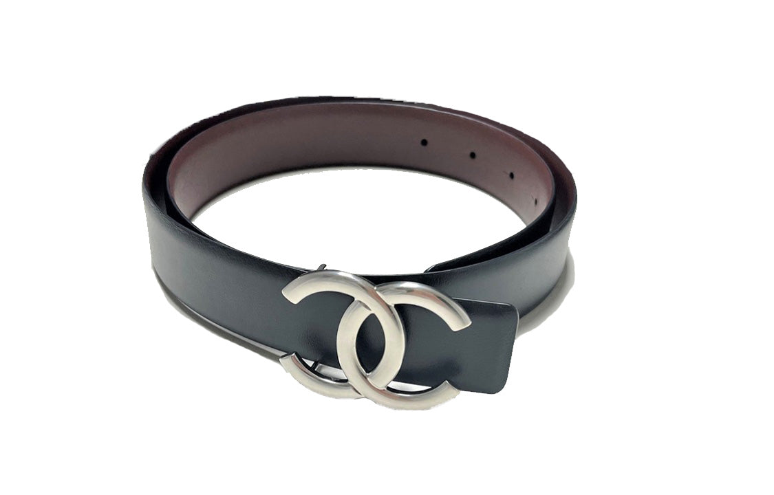 CHANEL Cow Leather Belts Women's Black Width  3CM