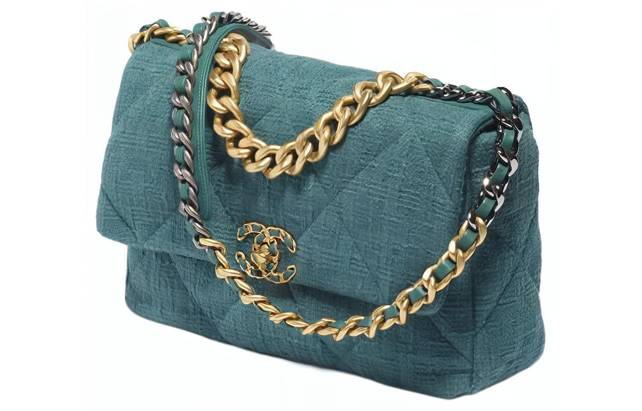 CHANEL 19Bag Fabric Shoulder Bag Crossbody Bag Large Size Women's Gray Blue