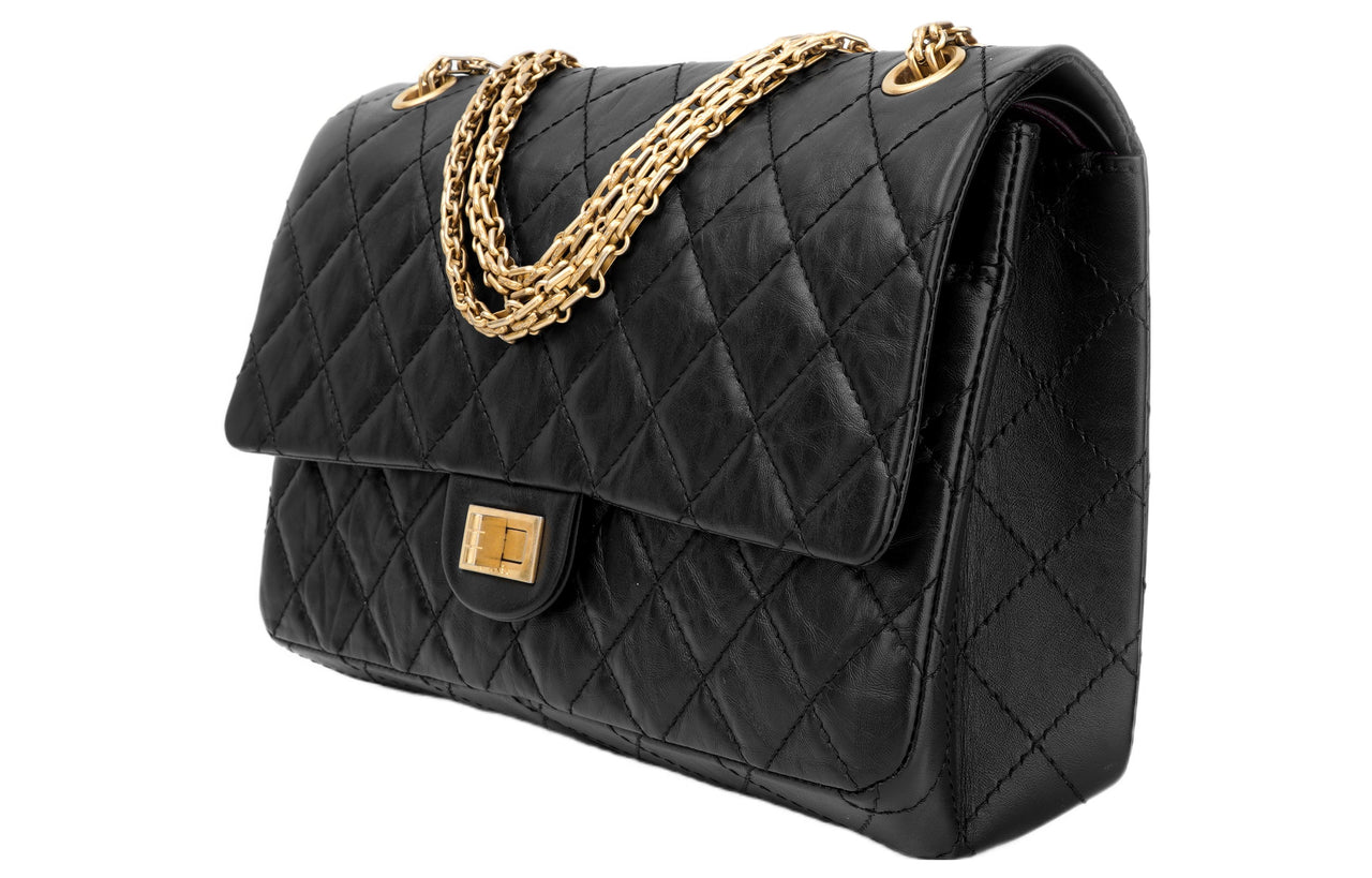 CHANEL 2.55 Vintage Cow Leather Flap Bag, Crossbody Bag, Shoulder Bag Women's Black Gold Black
