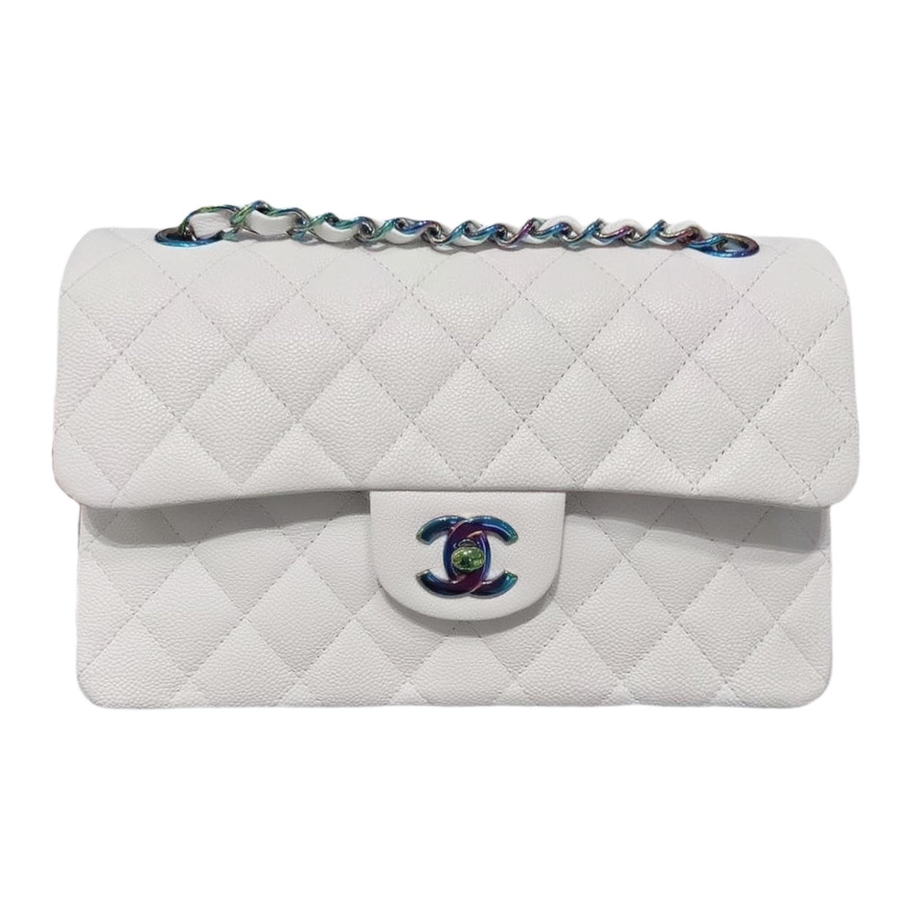 CHANEL Classic Flap CF Embossed Calfskin Crossbody Bag, Shoulder Bag Small Size Women's White