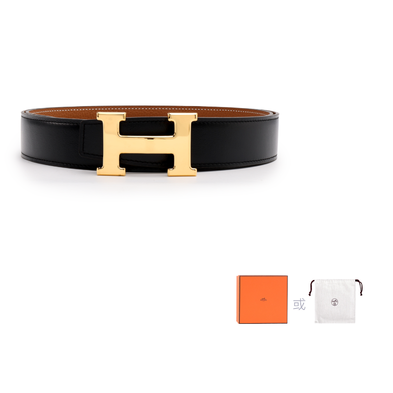 HERMES Cow Leather Leather Belts Unisex Black/Orange Width: 3.2cm