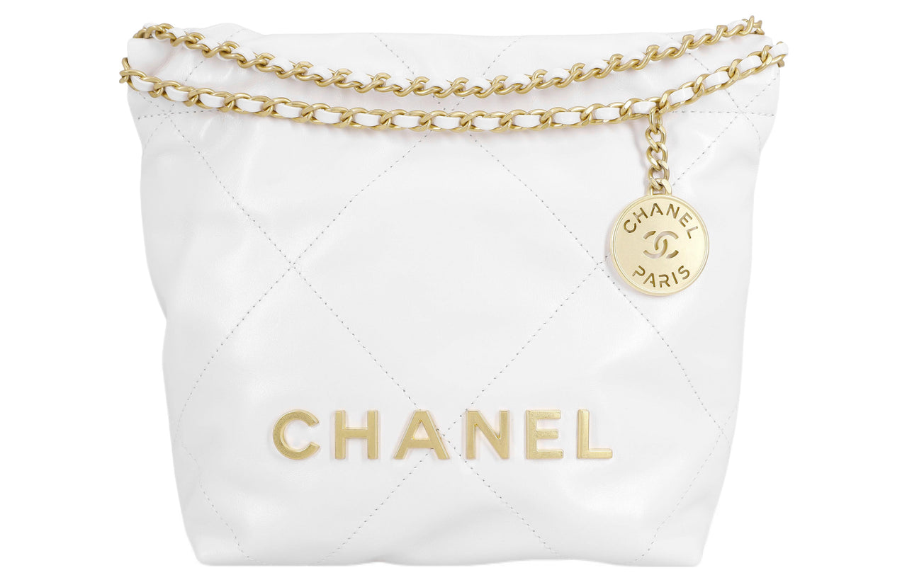 CHANEL 22Bag Shiny Calfskin Bucket Bags Shoulder Bag Crossbody Bag Mini Women's White