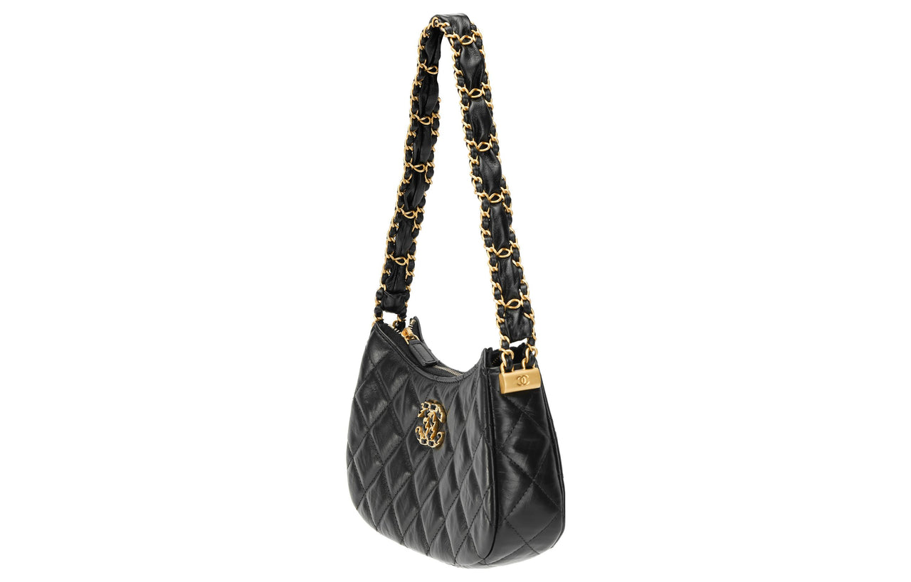 CHANEL Cow Leather Shoulder Bag Hobo Bag Handbag Shoulder Bag Women's Black