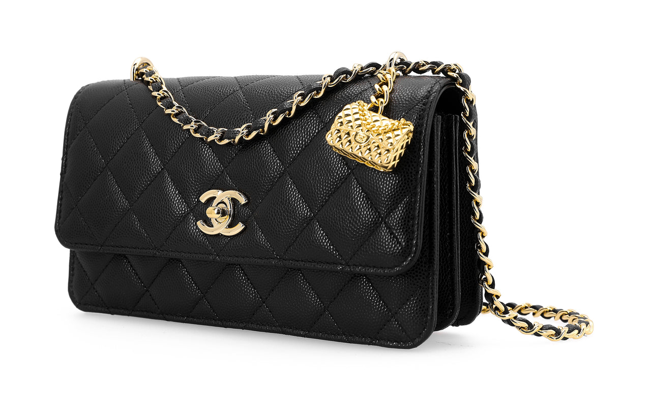 CHANEL WOC Litchi Grain Cow Leather Clutch Chain Bag Coin Purse Wallet Large Size Women's Black
