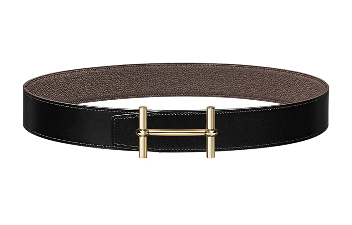 HERMES Calfskin Leather Belts Men's Black/Tin Gray Width  3.8cm