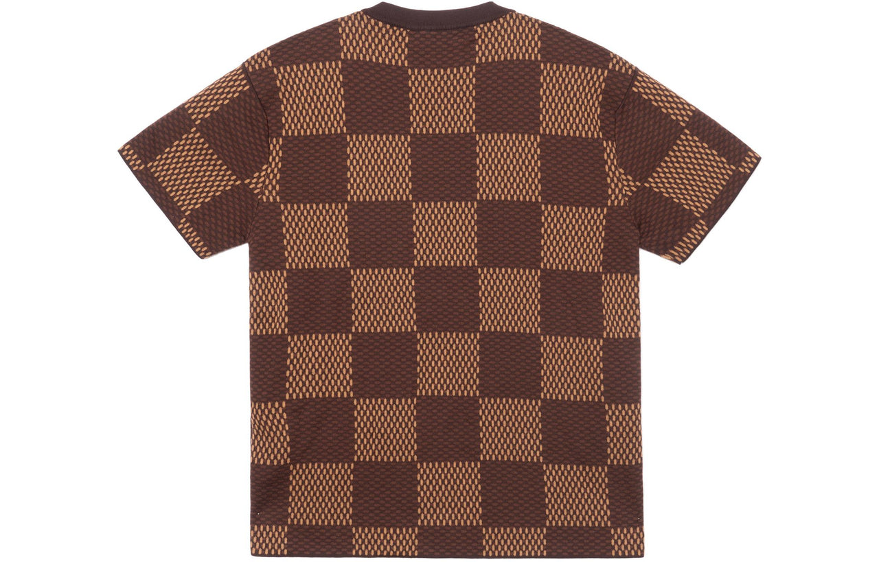LOUIS VUITTON Short Sleeved Cotton Damier Crewneck With Crystal Lv Patch