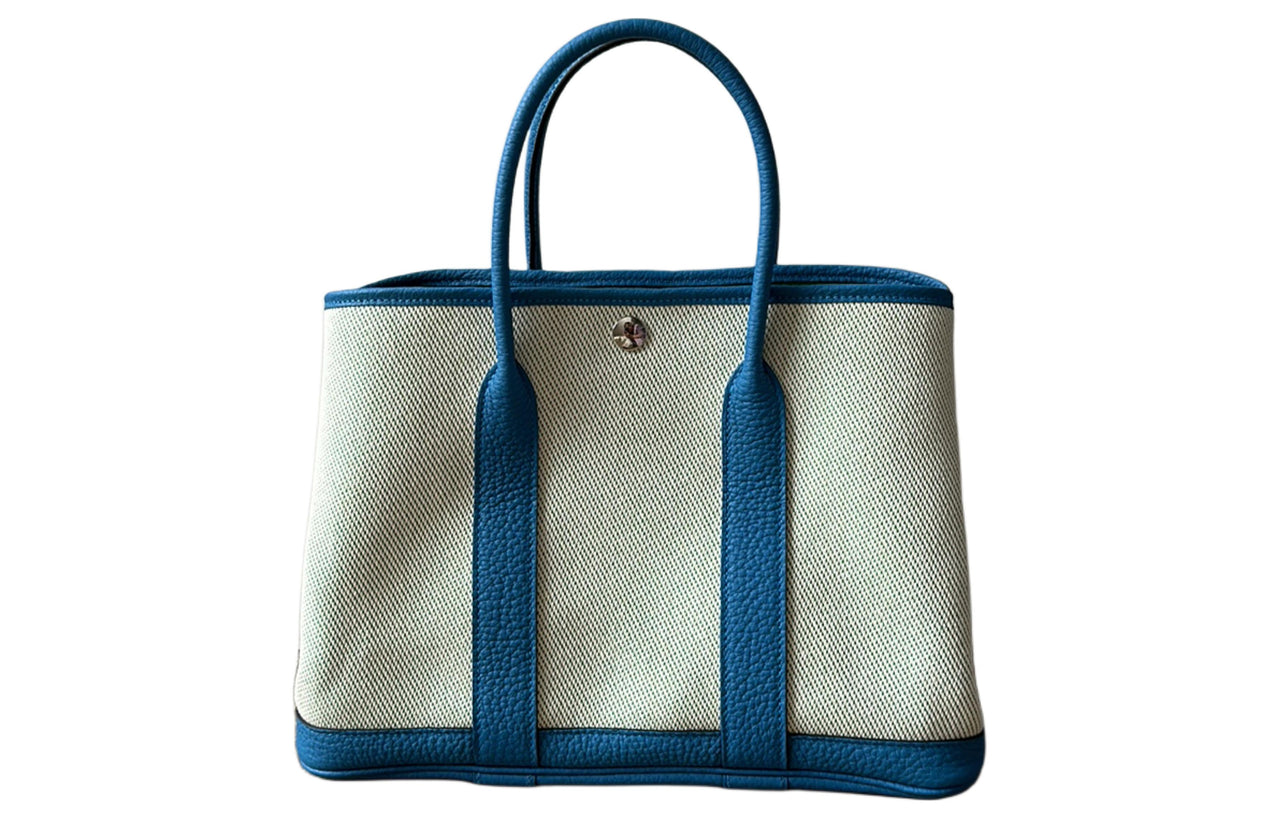 HERMES Garden Party Canvas With Leather Garden Bag Handbag Women's Beige & Blue