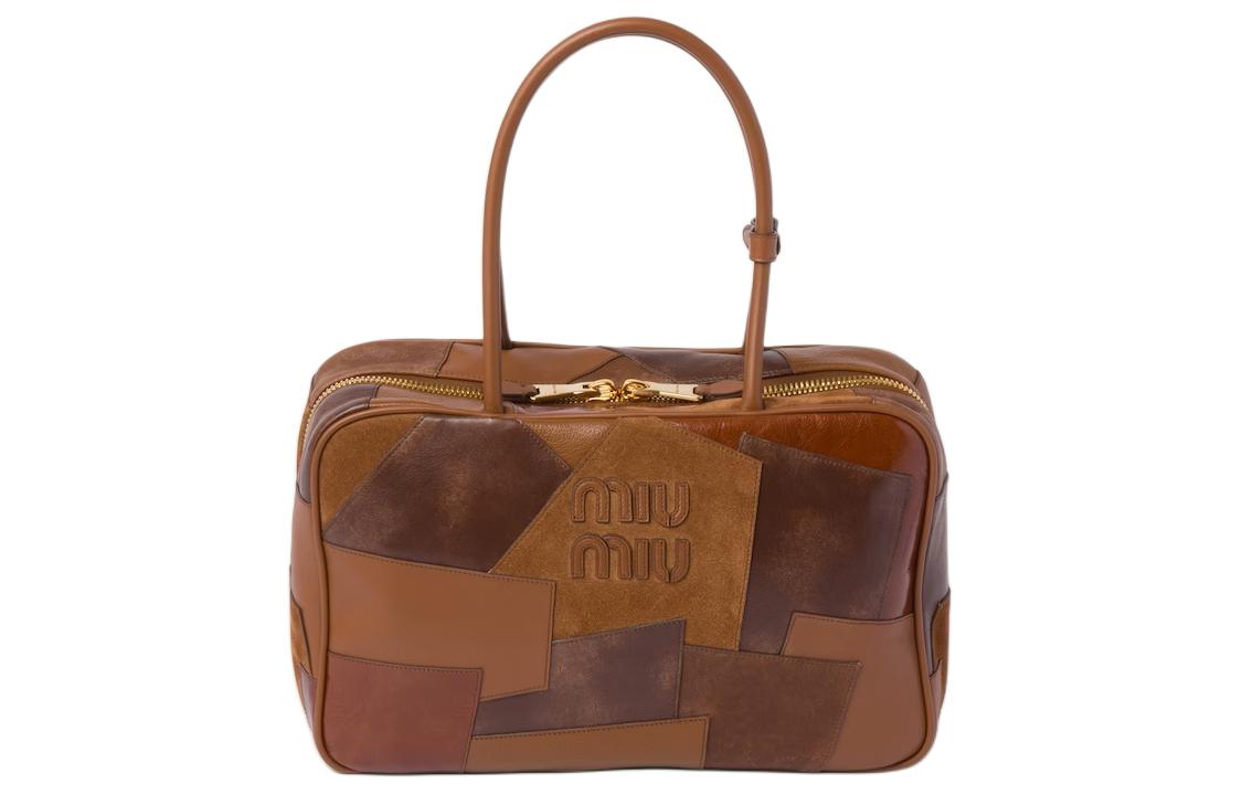 MIU MIU Cow Leather And Sheepskin Patchwork Bowling Bag One Shoulder Handbags Women's Cognac