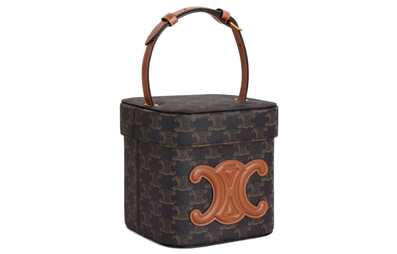 CELINE Triumph Gate Triomphe Canvas With Calfskin Box Bag, Shoulder Bag, Crossbody Bag, Handbag Medium Size Women's Tan
