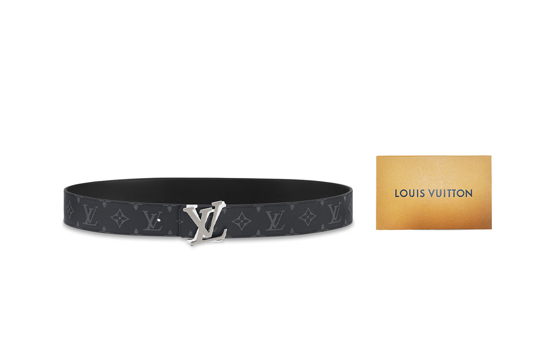 LOUIS VUITTON Double Sided Silver Logo Smooth Buckle Cow Leather Canvas Leather Belts Men's Black Width  4cm
