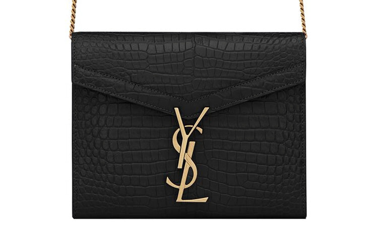 SAINT LAURENT Crocodile Embossed Bright Leather Chain Wallet, Envelope Bag, Crossbody Bag, Shoulder Bag Women's Black