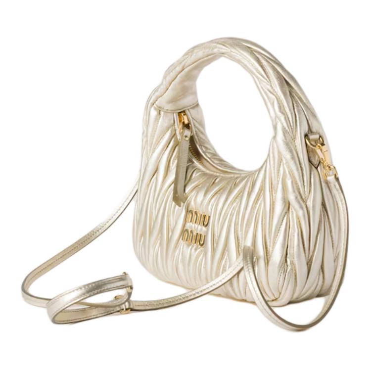 MIU MIU Small Wander Matelassé Nappa Leather Hobo Bag Women's Pyrite/White