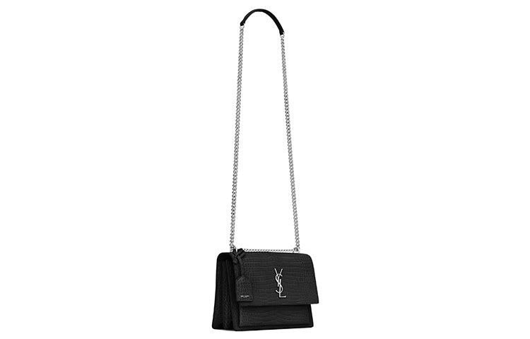 SAINT LAURENT Sunset Crocodile Embossed Shiny Leather Medium Black