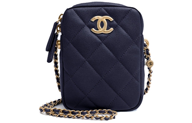CHANEL 21K Winter Embossed Calfskin With Grains Cell Phone Pouch Box Bag Shoulder Bag Crossbody Bag Women's Marine Blue