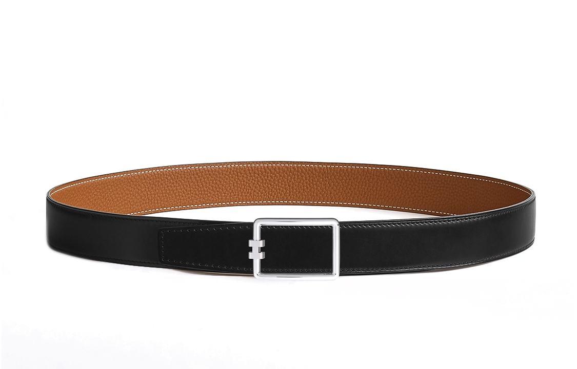 HERMES Calfskin Palladium-Plated Metal Leather Belts Unisex Black/Brown Width: 3.2cm