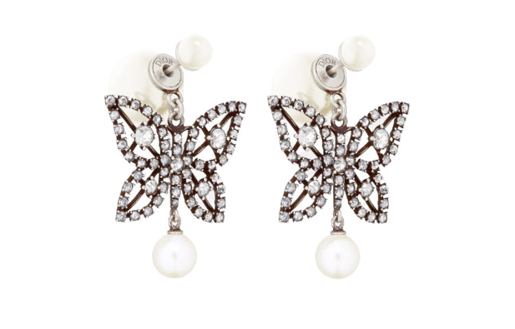 DIOR Metal Resin Pearl Crystal Earrings Women's Silver