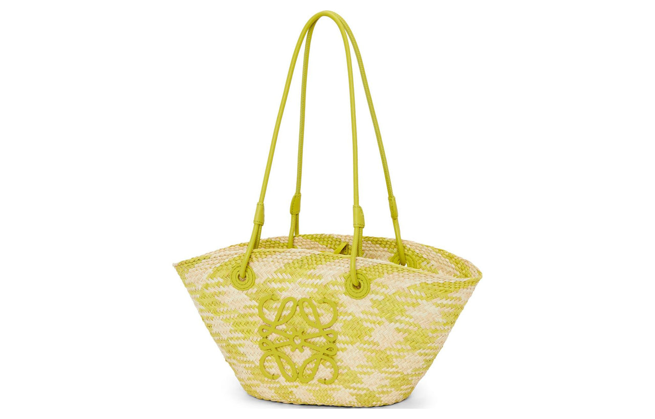 LOEWE Anagram Basket Raffia With Calfskin Handbag, Shoulder Bag Trumpets Women's Natural & Lime Green