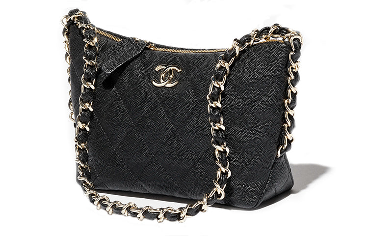 CHANEL Textured Cow Leather Hobo Bag Handbag Shoulder Bag Women's Black