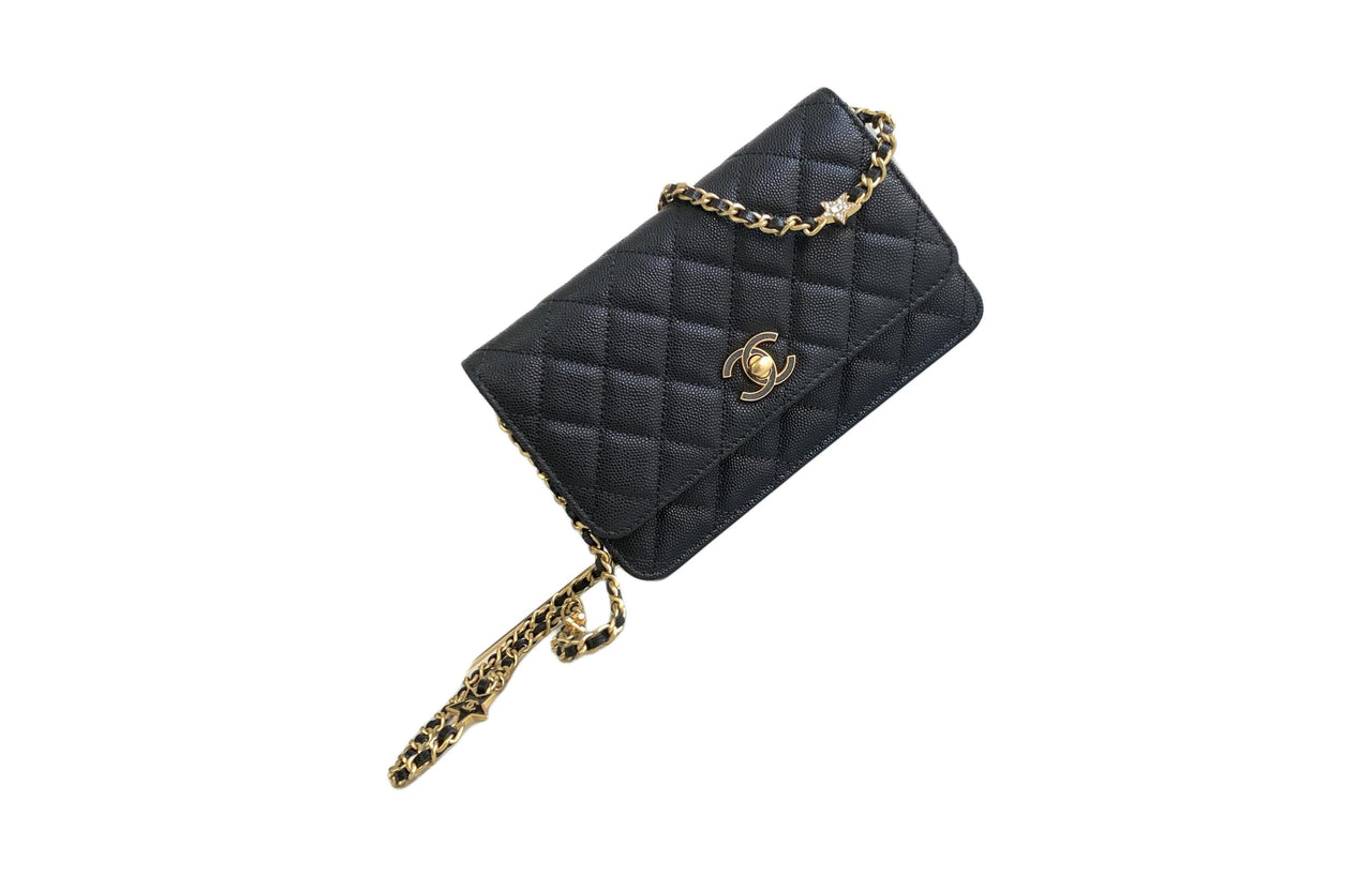 CHANEL WOC Litchi Cow Leather Shoulder Bag Crossbody Bag Wallet Women's Black