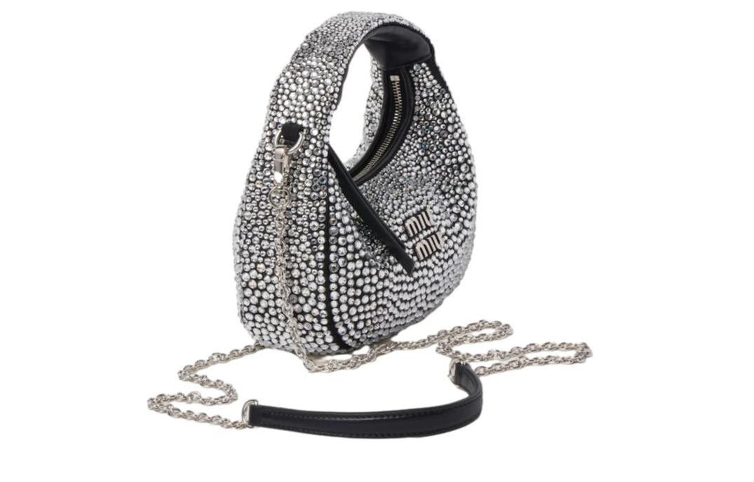 MIU MIU Wander Series Synthetic Crystal Silk Satin Crescent Bag Hobo Shoulder Bag Crossbody Handbag Mini Women's Black