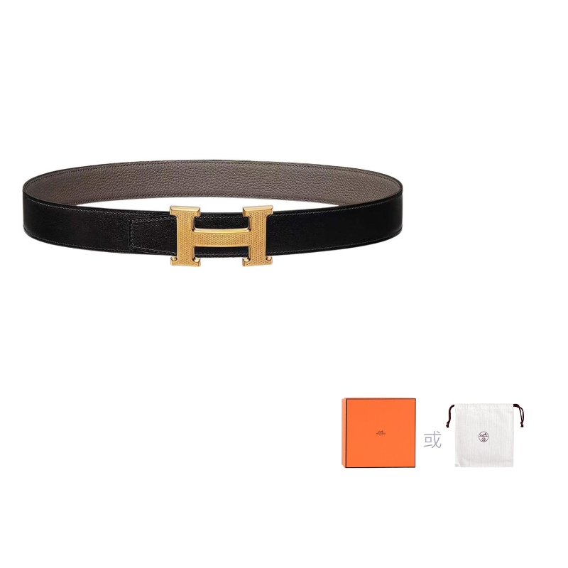 HERMES Togo Calfskin Belt Leather Belts Men's Black/Tin Gray Width: 3.2cm