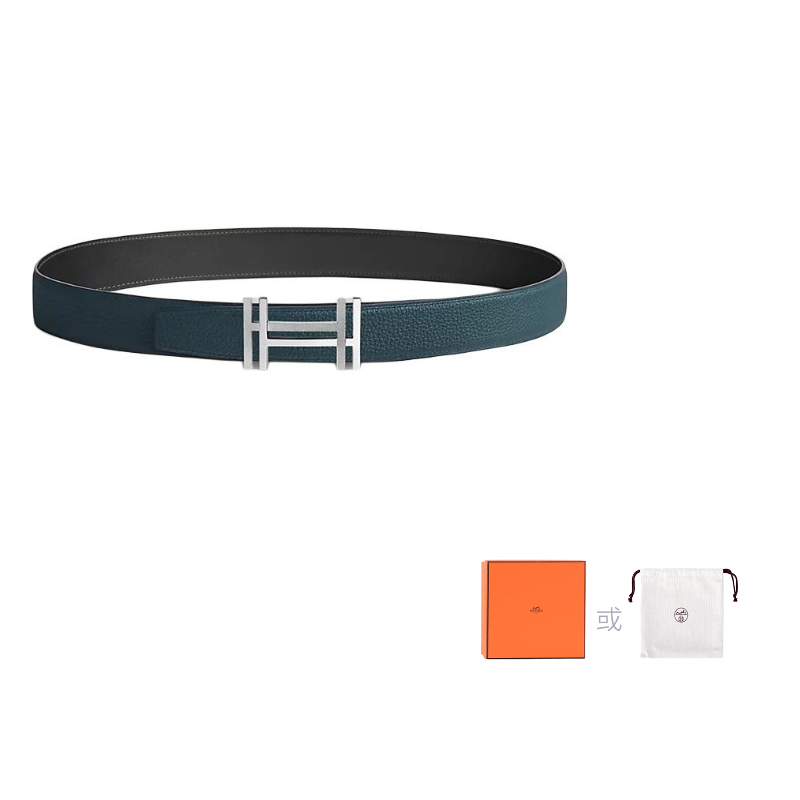 HERMES Togo Calfskin Double-Sided Leather Belt Unisex Black/Prussian Blue Width: 3.2cm