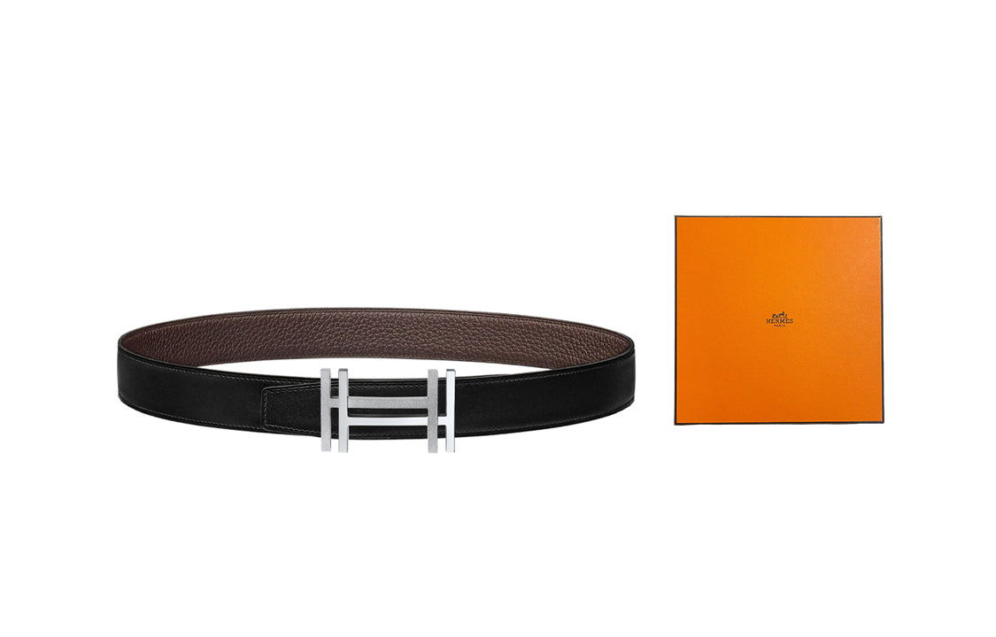 HERMES Cow Leather Leather Belts Unisex Chocolate/Black Width: 3.2cm
