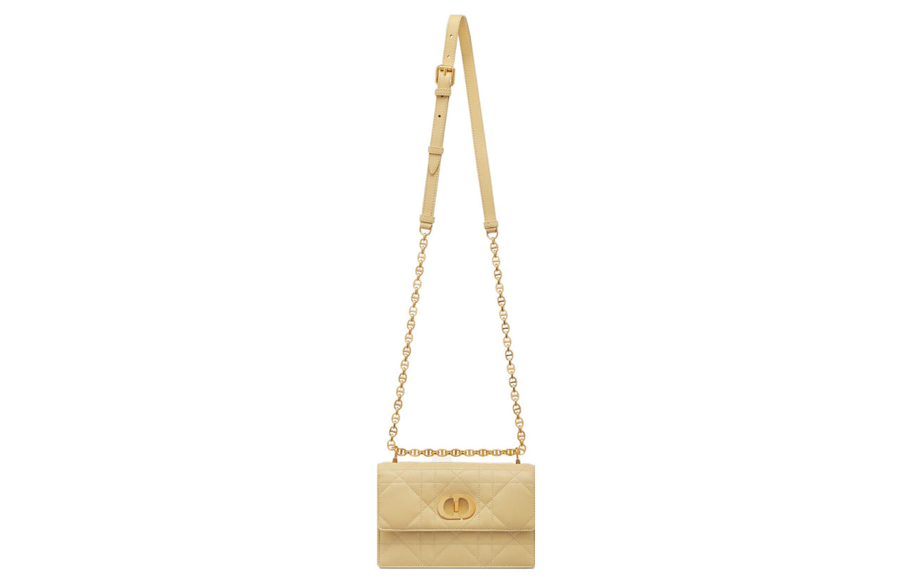 DIOR Caro Sheepskin Small Square Bag, Crossbody Bag, Shoulder Bag Women's Light Yellow