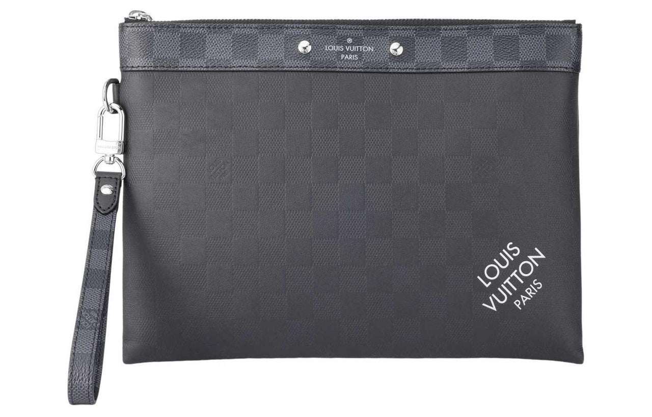 LOUIS VUITTON Pochette To-Go Cow Leather With Graphite Chessboard Canvas Clutch Regular Men's Black