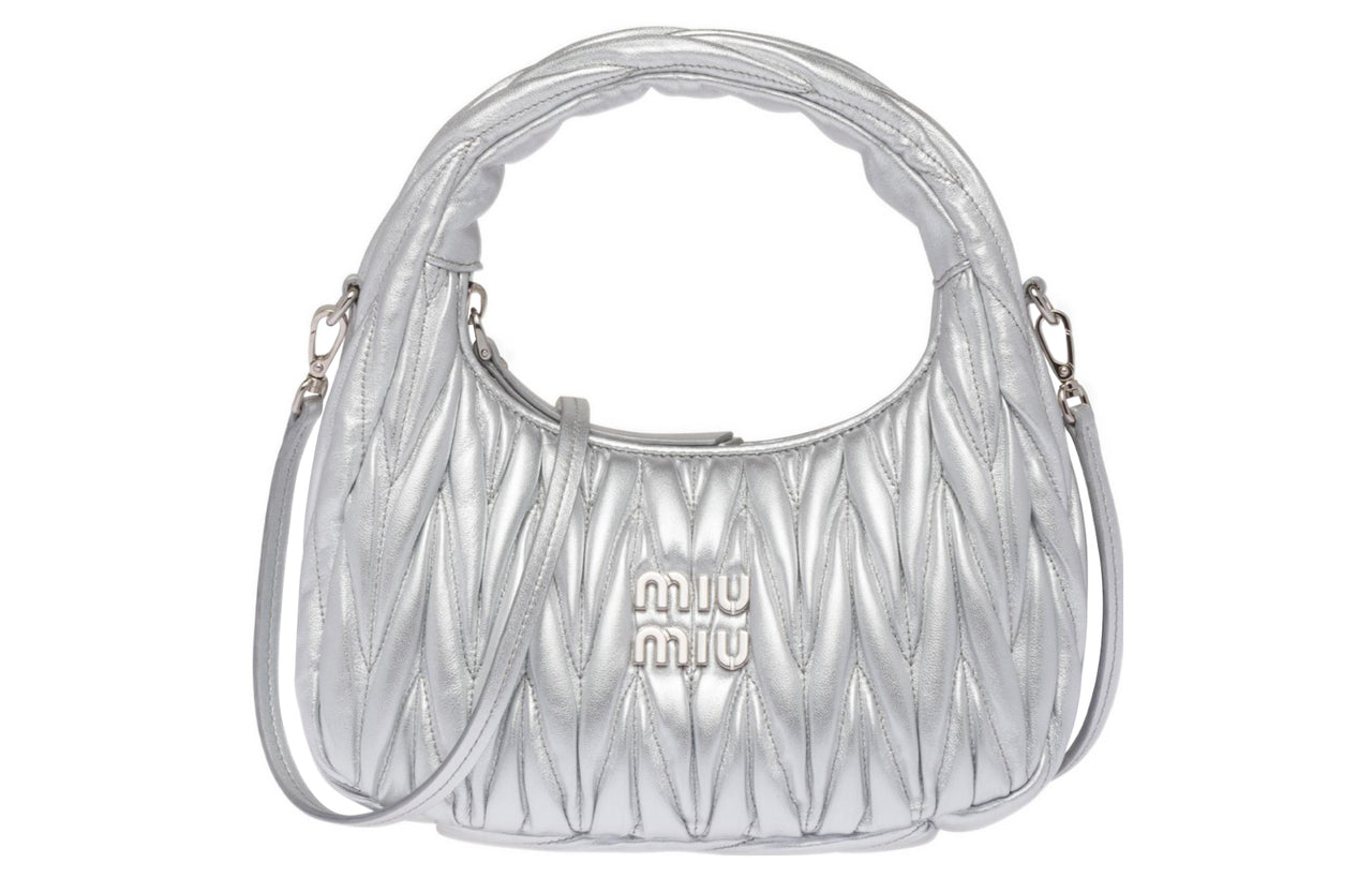 MIU MIU Wander Series Soft Sheep Leather Crescent Bag Shoulder Bag Crossbody Bag Handbag Small Size Women's Silver