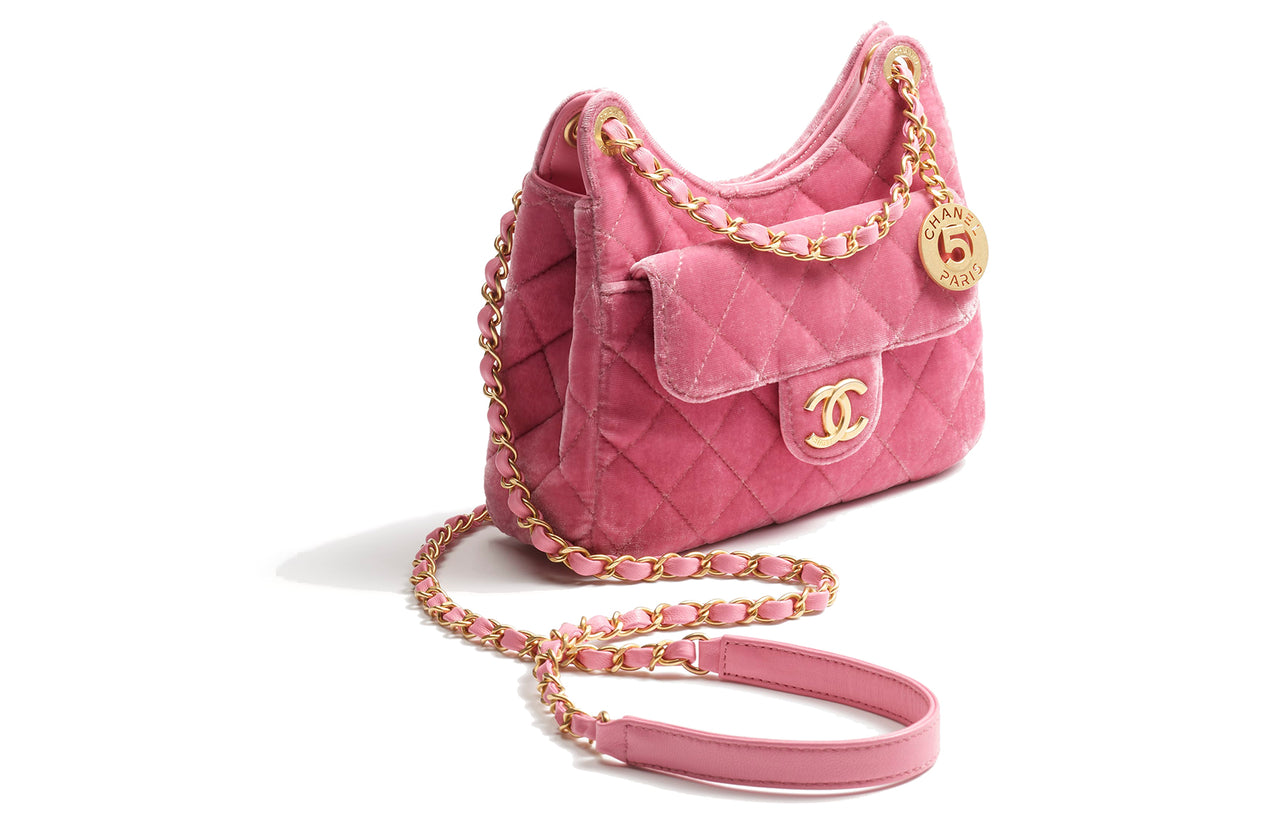CHANEL Velvet Hobo Bag Shoulder Bag Crossbody Bag Small Size Women's Pink