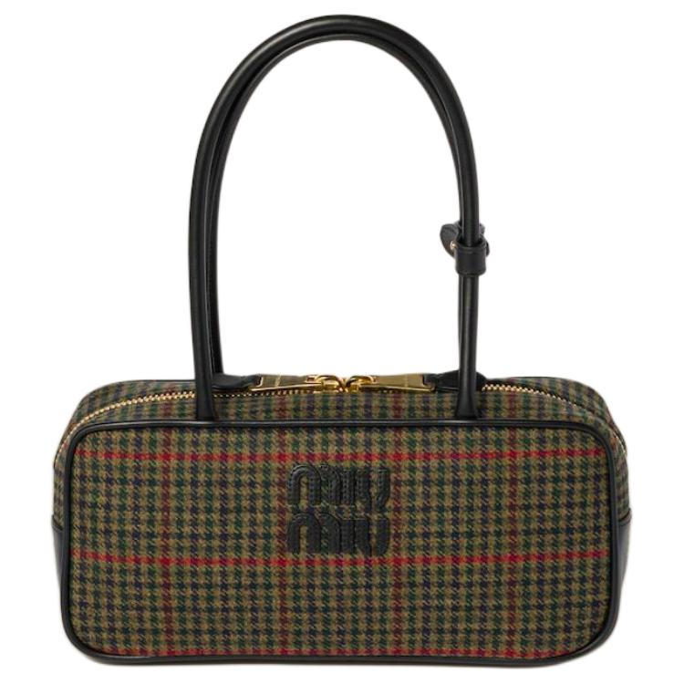MIU MIU Plaid Velvet One Shoulder Handbags Women's Dark Green & Black