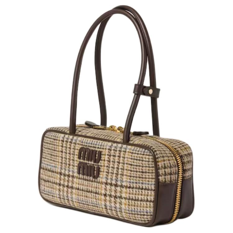 MIU MIU Plaid Patch Leather Handbag Women's Cocoa Brown