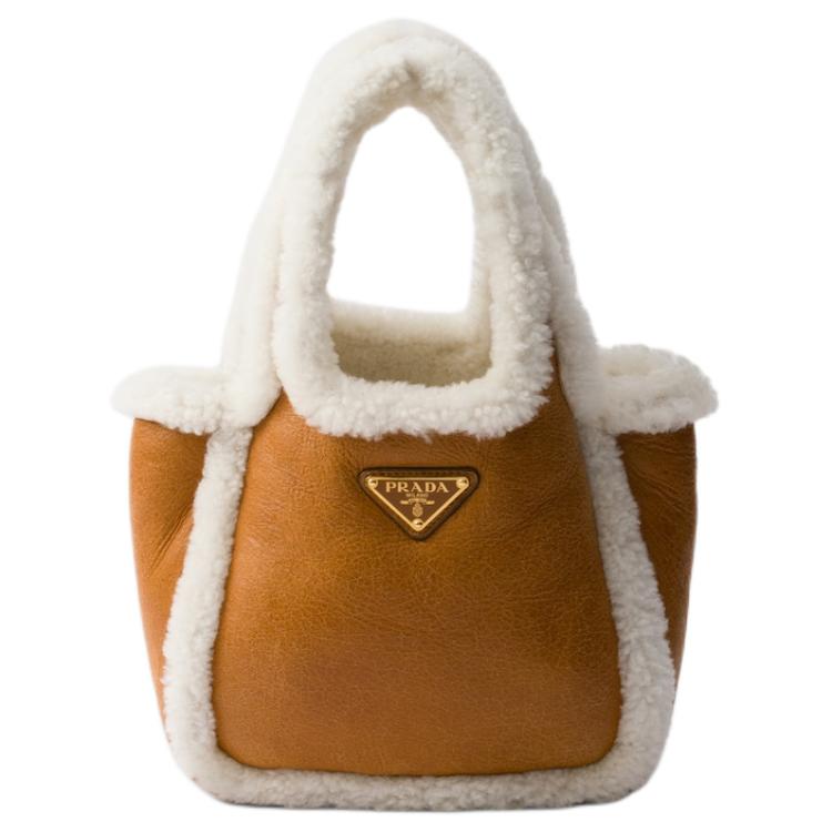 PRADA Leather Tote Bag, Shopping Bag, Handbag Mini Women's Cognac With Natural Color