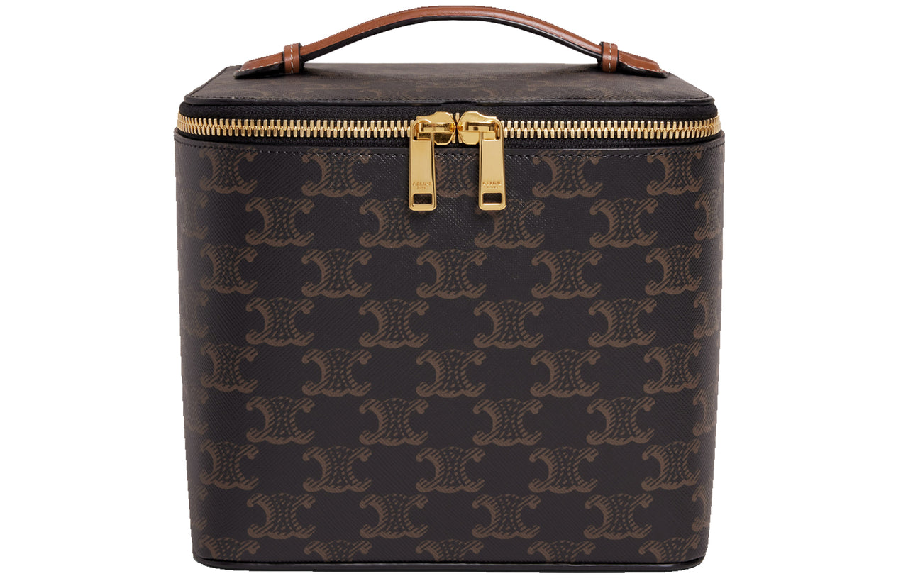 CELINE Triomphe Cow Leather Makeup Bag Handbag Women's Tan