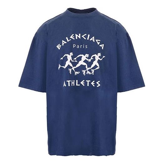 Men's Balenciaga SS21 Running Pattern Printing Logo Loose Short Sleeve Blue 641614TJVK64866