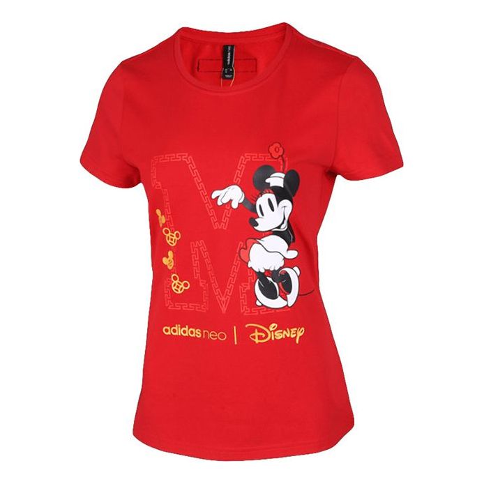 (WMNS) adidas neo x Disney Mickey Mouse Crossover Casual Sports Round Neck Short Sleeve Red GE7778