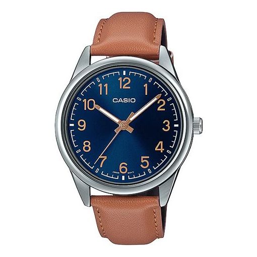 Men's CASIO DRESS Series Minimalistic Retro Small Business Watch Navy Blue Mens Brown Analog MTP-V005L-2B4