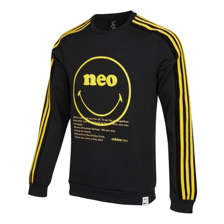 Men's adidas neo Smly Swt Smiling Face Printing Knit Round Neck Pullover Black HB7408