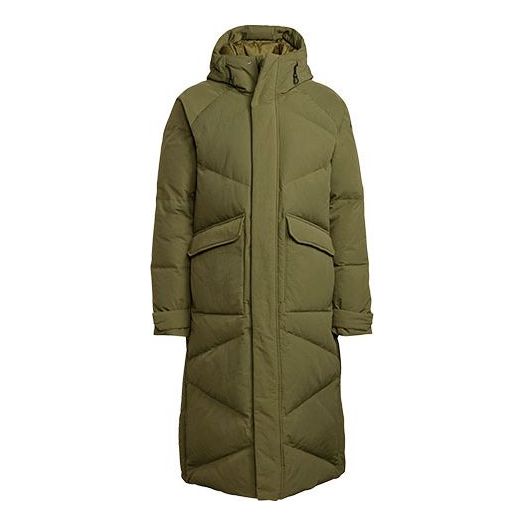 Men's adidas Shoulder Logo Outdoor Mid-Length Hooded With Down Feather Green Jacket GQ2507